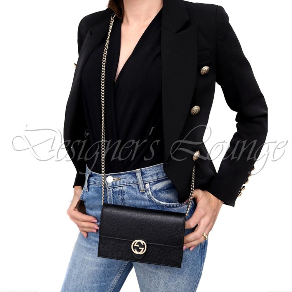 SOLD! NEW GUCCI Interlocking GG Black Leather Crossbody Wallet On Chain Bag - Picture 3 of 14
